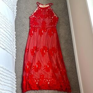 Red Lace Midi Dress- perfect to wear for a fall wedding